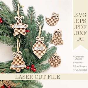Christmas Ball Ornaments SVG  Bundle, Personalized Name Christmas Decorations Laser Cut files, Christmas Tree Gift Tag Digital Glowforge