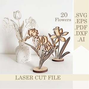 20 bloemen SVG-bundel, lasergesneden bestand wilde bloemenboeket, Moederdag bloemencadeau, geboortecadeau voor moeder, 3D staande bloem digitale download