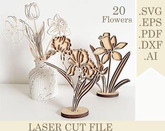 20 Flowers SVG Bundle, Laser Cut file Wildflower Bouquet, Mother's Day Florals gift, Birth Gift for Mom, 3D Standing flower Digital Download