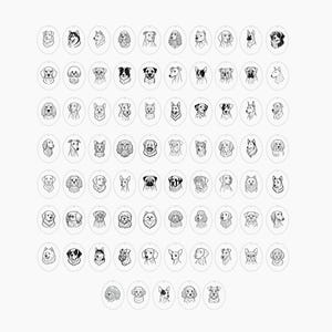 May include: A collection of black and white dog illustrations, each within a scalloped circle. The drawings showcase various breeds, from small to large, with detailed line work. The arrangement is symmetrical, creating a pattern.