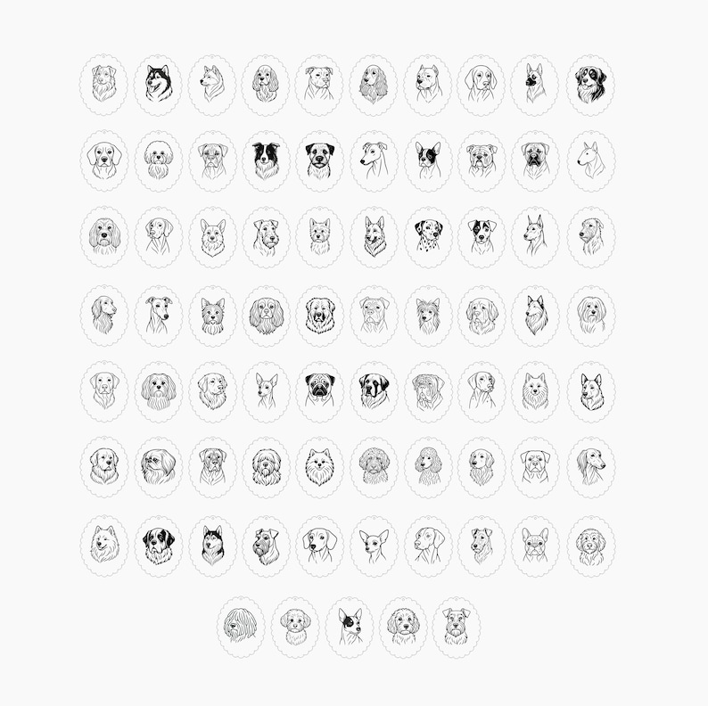 May include: A collection of black and white dog illustrations, each within a scalloped circle. The drawings showcase various breeds, from small to large, with detailed line work. The arrangement is symmetrical, creating a pattern.