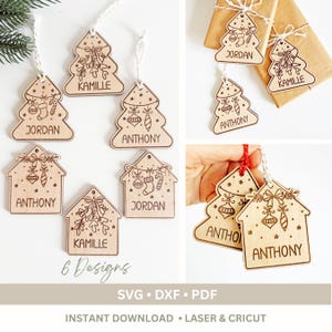 Puede incluir: Adornos de madera con forma de árbol de Navidad y casa con nombres grabados como "Jordan", "Anthony" y "Kamille". Los adornos presentan diseños festivos y están atados con una cuerda. La imagen también incluye el texto "6 Designs", "SVG • DXF • PDF" y "INSTANT DOWNLOAD • LASER & CRICUT".