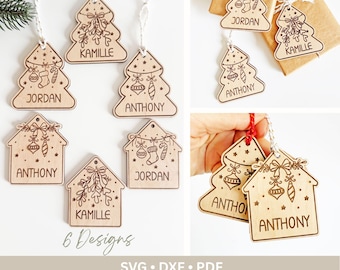 Personalized Christmas Tags SVG, House & Tree Ornament Laser Cut Files, Custom Name Gift Tags, Glowforge xTool File, Engraved Stocking Tag