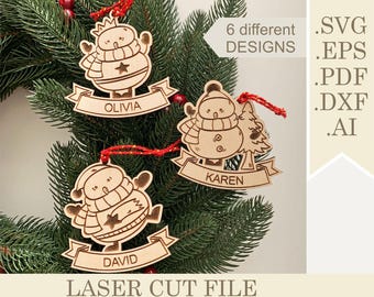 SVG Christmas Snowman Ornaments Laser Cut file Custom Baby's First Christmas Ornament, Names Christmas Gift Tag, Name Stocking Decorations