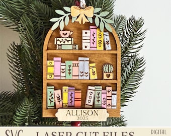 Book Lover Ornament SVG, Bookshelf Laser Cut File, Personalized Librarian Gift, Wooden Book Ornament for Teacher, Reader, Glowforge