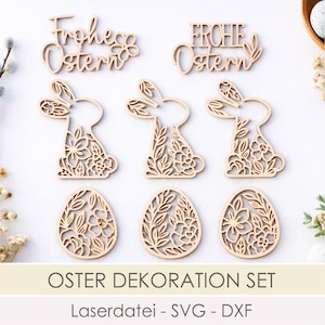 Oster Deko Laserdatei Set, Floral Hasen Eier Frohe Ostern SVG DXF Bundle