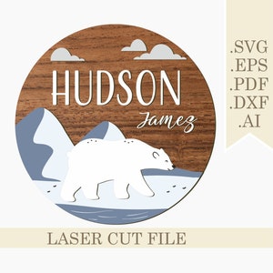 Polar Bear Baby Name Sign SVG, Mountain Adventure Name Sign Laser Cut File, Boys Nursery Decor svg, Digital download Glowforge, Door Hanger
