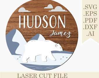 Eisbär Baby Namensschild SVG, Bergabenteuer Namensschild Laser geschnitten Datei, Jungen-Kinderzimmer-Dekor svg, digitaler Download Glowforge, Türschild