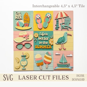 Summer Interchangeable Leaning Sign SVG Bundle, 4.5″ Squares Tiles, Surf Beach Palm Tiered Tray Decor Laser Cut Files for Glowforge, xTool
