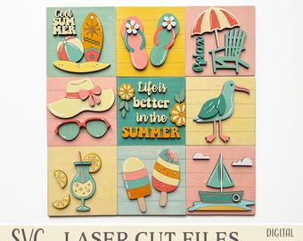 Summer Interchangeable Leaning Sign SVG Bundle, 4.5″ Squares Tiles, Surf Beach Palm Tiered Tray Decor Laser Cut Files for Glowforge, xTool