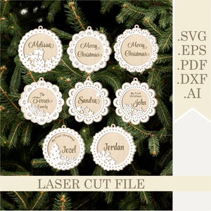 May include: Set of eight laser cut wooden Christmas decorations with various designs, including names, "Merry Christmas", and "My First Christmas".