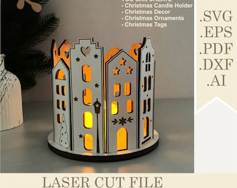 Christmas houses candle holder SVG laser cut file, Christmas tea light holder, village house ornaments, Lantern Christmas town decorations