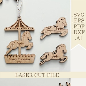 Karussell Weihnachten Ornament SVG, Pferde Ornament Laser geschnitten Datei, Babys erstes Weihnachten, Namen Weihnachtsgeschenkanhänger, Glowforge digitaler Download
