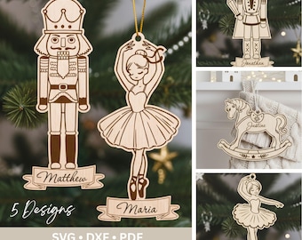 Nutcracker Christmas Ornament SVG, Ballet Laser Cut Gift Tags, Ballerina, Toy Horse Glowforge xTool File Nussknacker, Weihnachten Laserdatei