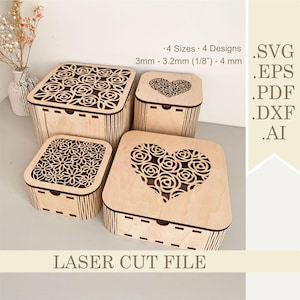 Square Flowers and Heart Gift Box SVG Laser Cut File, Valentine&#39;s day gift box, Wedding Box, Mother&#39;s Day gift Jeweler Case Digital Download