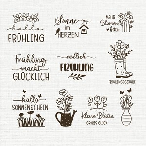May include: A collection of black and white line art designs with floral and spring-themed text. The designs include phrases like "Hello Spring" and "Sun in the Heart," along with images of flowers, boots, and watering cans.