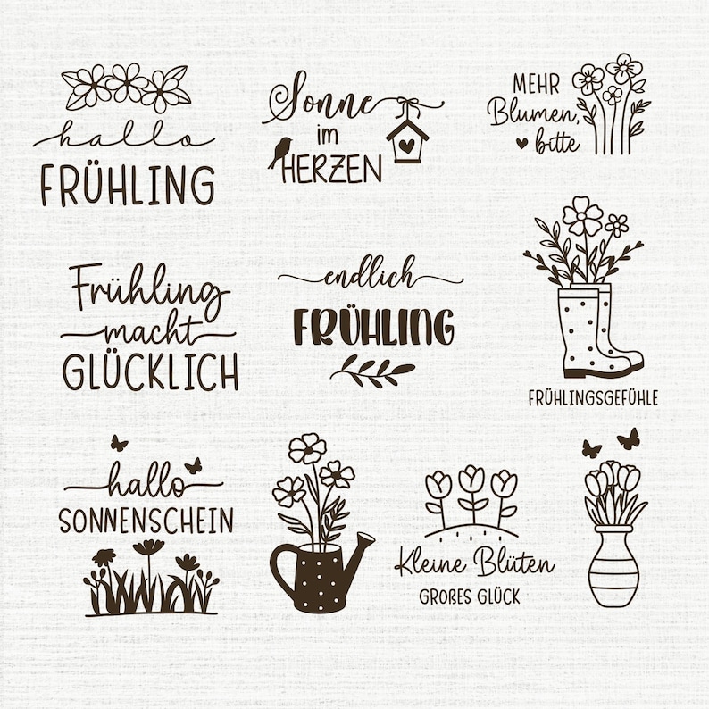 May include: A collection of black and white line art designs with floral and spring-themed text. The designs include phrases like "Hello Spring" and "Sun in the Heart," along with images of flowers, boots, and watering cans.