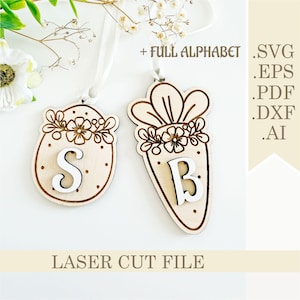Karotte und Ei Korb Tag SVG, Laser geschnitten Datei Blume Osterei Geschenkanhänger, Florale Osterkarotten Ornamente, benutzerdefinierte digitale Initiale Glowforge