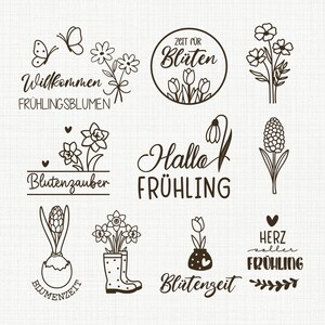 Pode incluir: Uma cole&ccedil;&atilde;o de ilustra&ccedil;&otilde;es em linha preta com designs tem&aacute;ticos de primavera. As imagens incluem flores, borboletas e texto em alem&atilde;o, como "Willkommen Fr&uuml;hlingsblumen" e "Hallo Fr&uuml;hling."