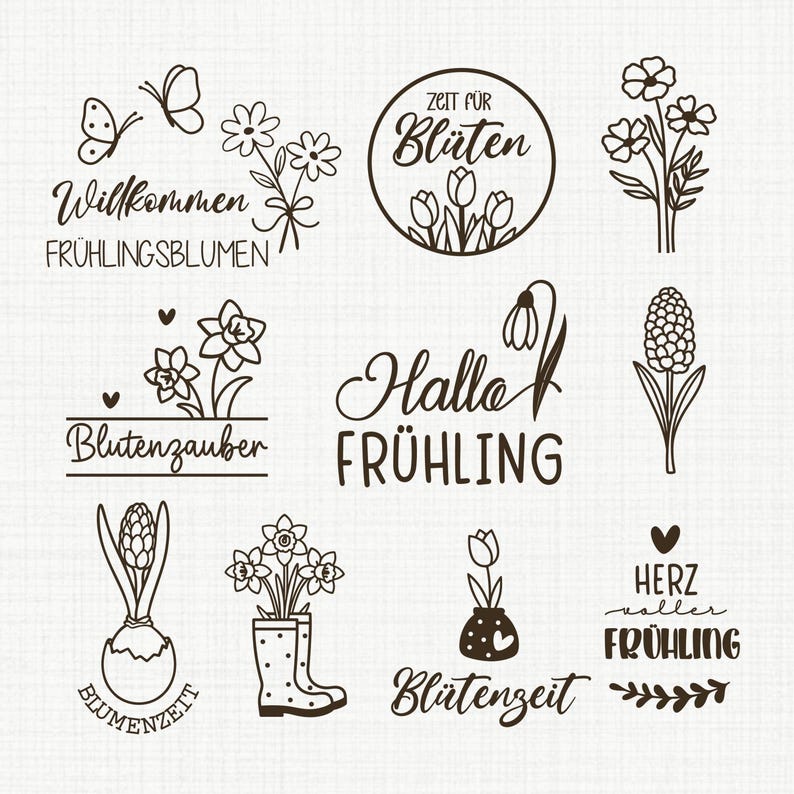 Pode incluir: Uma cole&ccedil;&atilde;o de ilustra&ccedil;&otilde;es em linha preta com designs tem&aacute;ticos de primavera. As imagens incluem flores, borboletas e texto em alem&atilde;o, como "Willkommen Fr&uuml;hlingsblumen" e "Hallo Fr&uuml;hling."