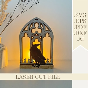 Porta-velas de Halloween com janela gótica e corvo, arquivo SVG, abajur de mesa com corte a laser, luz noturna gótica de Halloween, decoração de bandeja em camadas