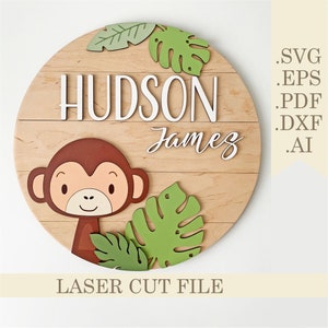 Affe Baby Namensschild SVG, Dschungeltiere Runde Kinderzimmer Namensschild Laser geschnitten Datei, Safari Kinderzimmer Dekor svg, digitaler Download Glowforge