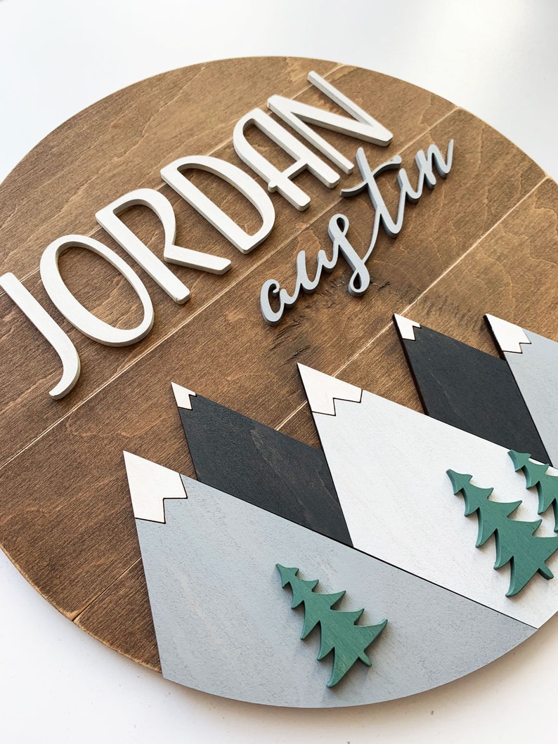 Mountains Baby Nursery Name Sign Woodland Kids Bedroom Round Etsy