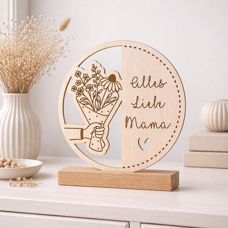 May include: Wooden decorative piece with a bouquet of flowers and the words "Alles Liebe Mama" engraved. The design features a hand holding the flowers and a heart cutout. It is mounted on a rectangular wooden base.