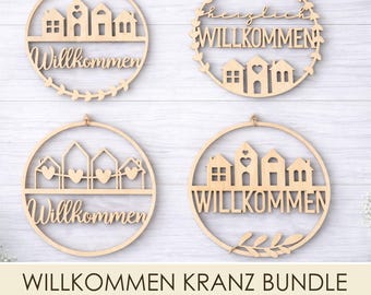 Willkommen Kranz SVG DXF Laserdatei, Zuhause Türschild Set, Runde Schild Laser Dateien für Tür Deko,