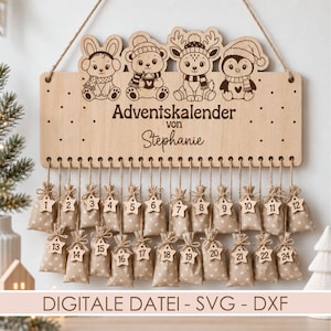 May include: A wooden advent calendar sign featuring engraved illustrations of a bunny, bear, reindeer, and penguin wearing winter hats. The text reads Adventskalender von Stephanie. Twenty-four small fabric bags with star patterns and numbered wooden star tags hang below.