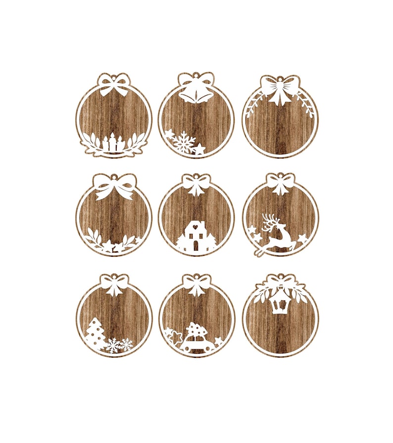 May include: Nine round wooden ornaments with white cut-out designs. The designs include a bow, a bell, a reindeer, a house, a Christmas tree, a car, and a lantern.