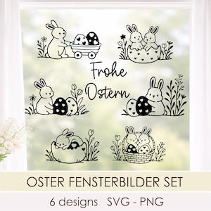 May include: Black and white Easter-themed window clings featuring bunnies, eggs, and floral accents. The phrase "Frohe Ostern" is displayed in elegant script. The set includes six designs, with the text "OSTER FENSTERBILDER SET" and "6 designs SVG - PNG".