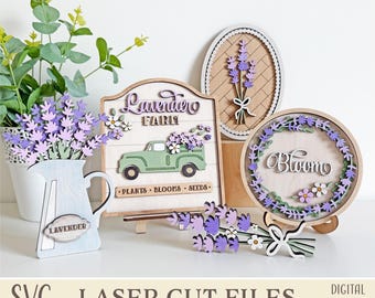 Lavender Tiered Tray SVG Laser Cut File, Set of 5 Lavender Flower Decor, Spring Shelf SItters Truck with Lavender Glowforge Digital Download