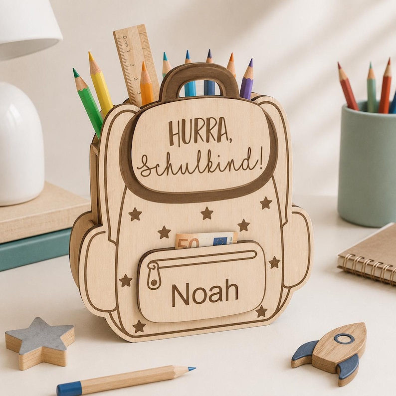 Puede incluir: Un organizador de escritorio de madera clara con forma de mochila y asa, que incluye el texto grabado "HURRA, Schulkind!" y "Noah". El organizador presenta recortes de estrellas, un bolsillo frontal y contiene l&aacute;pices de colores y una regla.