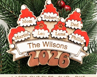 2026 Family Santa Hat Christmas Ornament SVG, Personalized Family Name Laser Cut file  Decorations 2-13 names