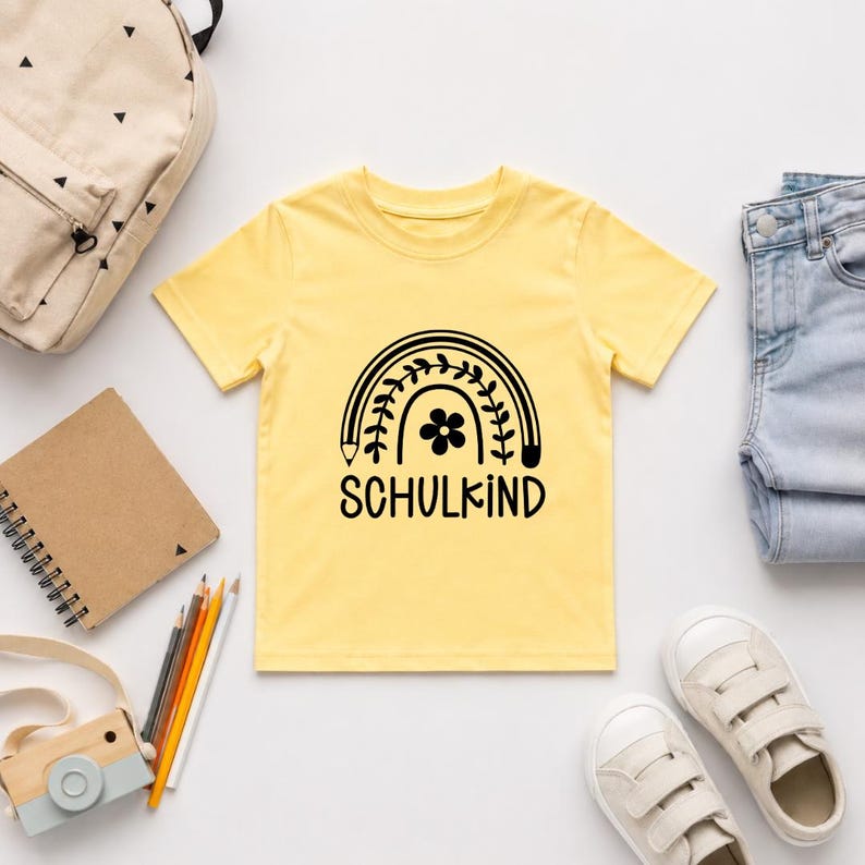 May include: A light yellow short-sleeve t-shirt featuring a black graphic of a rainbow shaped like a pencil with a flower in the center and the text SCHULKIND printed underneath in a bold, rounded sans-serif font.