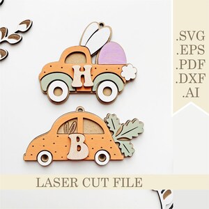 SVG Hase Karotte Auto Korbanhänger, Osterhase und Ei Tags Laser geschnitten Datei, Ostern hängende Ornamente svg, Ostergeschenkanhänger Digital Glowforge