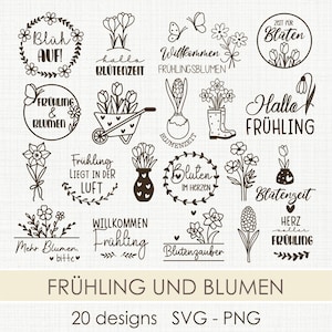 Peut inclure: Une collection de 20 motifs floraux en noir et blanc avec diverses phrases sur le thème du printemps. Les motifs comprennent des fleurs, des papillons et du texte tel que "Printemps", "Bonjour Printemps" et "Bienvenue au printemps".