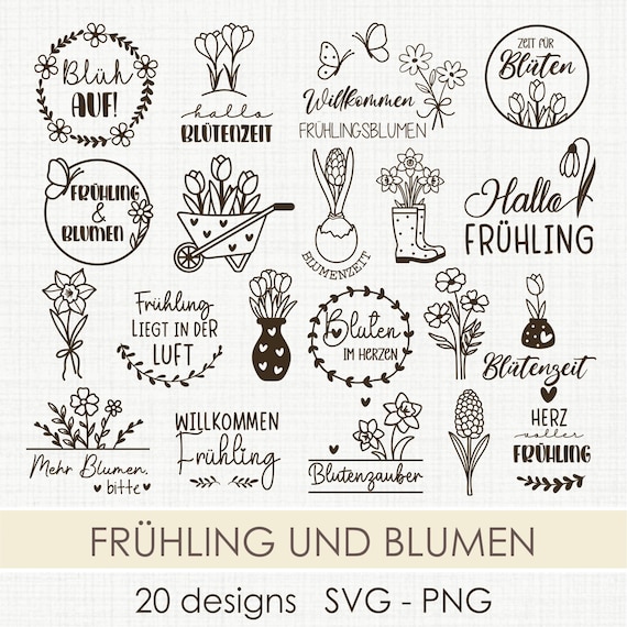 Frühling und Blumen SVG Plotterdatei, 20 Frühlings Sprüche & Blüten Motive, Frühlingsdeko Set für Tür und Fenster