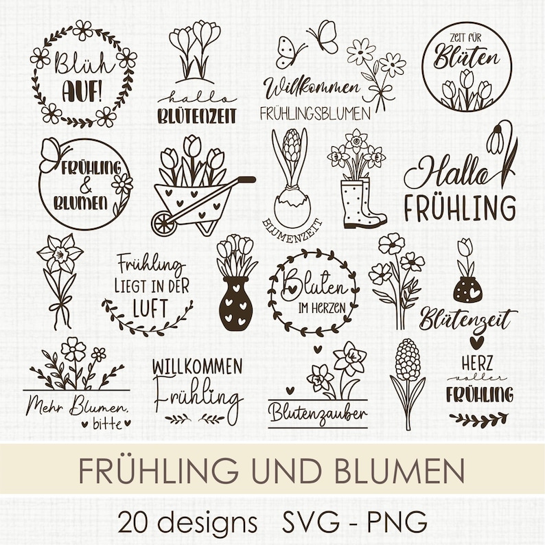Pode incluir: Uma cole&ccedil;&atilde;o de 20 desenhos florais em preto e branco com v&aacute;rias frases tem&aacute;ticas de primavera. Os desenhos incluem flores, borboletas e texto como "Primavera", "Ol&aacute; Primavera" e "Bem-vinda Primavera". A parte inferior da imagem diz "Primavera e Flores".