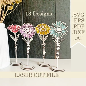 Standing Daisy Laser Cut SVG, Wooden Flower With Stand Laser Cut files svg, Mothers Day Personalizable 3D Wooden Daisy, Mum Flower Laser Cut