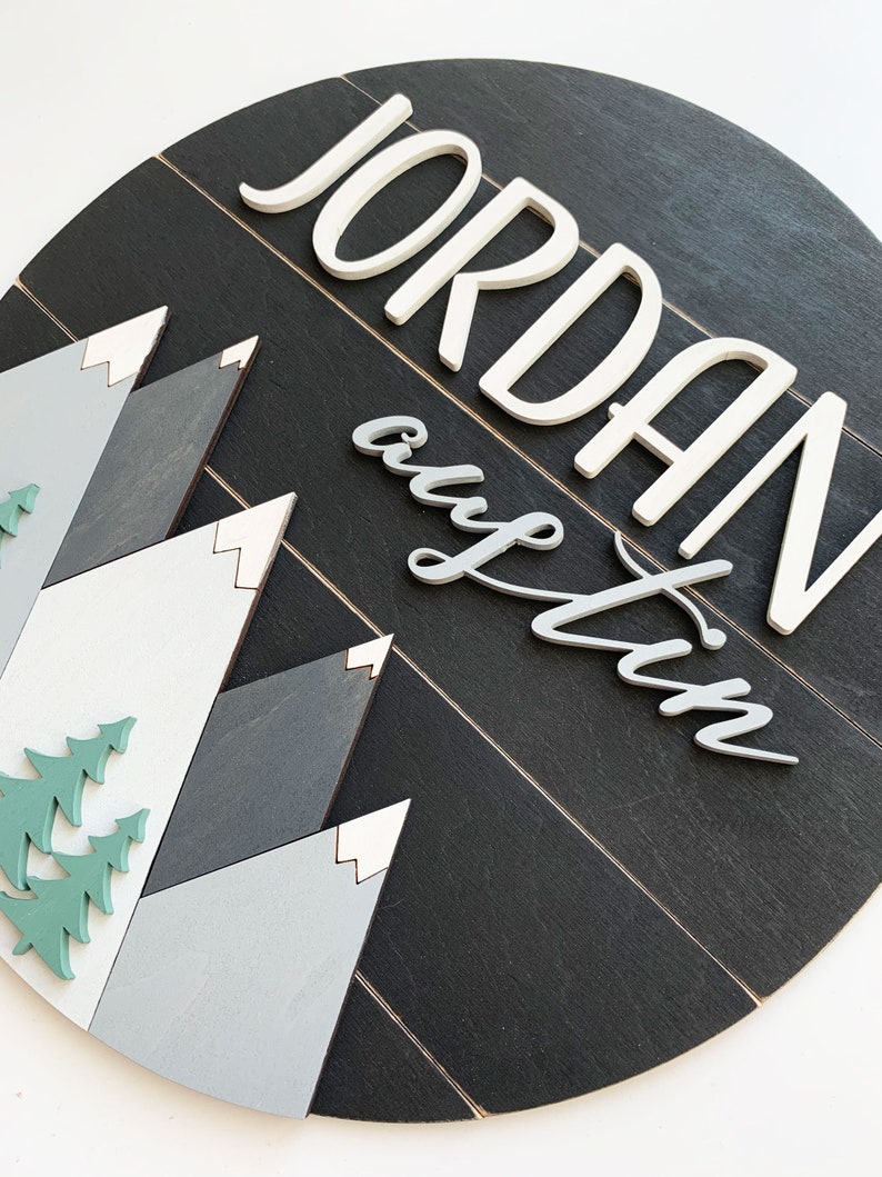 Mountains nursery wood baby name sign Round boy name sign for nursery Woodland kids bedroom Adventure room decor Personalised Door Plaque