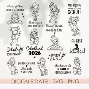 Mädchen Einschulung SVG PNG Bundle, Plotterdatei Schulkind 2026, Liebevolle Schulkind Motive für Cricut Silhouette