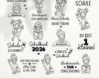 Mädchen Einschulung SVG PNG  Bundle, Plotterdatei Schulkind 2026, Liebevolle Schulkind Motive für Cricut Silhouette