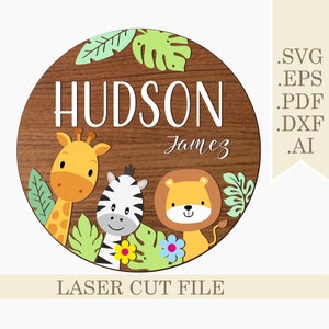 Löwe Giraffe Zebra Baby Namensschild SVG, Dschungeltiere Runde Namensschild Laser geschnitten Datei, Safari Kinderzimmer Dekor svg, Digital Download Glowforge
