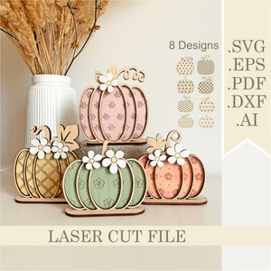 Zucche di fiori impilate SVG, file di taglio laser di vassoi a più livelli di zucche floreali Set di 7 file SVG Download digitale, decorazione del Ringraziamento di Halloween