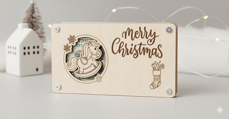 May include: A light-colored wooden money holder with a rocking horse design and the words "Merry Christmas" engraved on the front. The holder is secured with four silver screws and features a slot for inserting money. A Christmas stocking and snowflakes are also engraved.