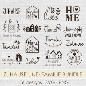 May include: A bundle of 16 home-themed designs in SVG and PNG formats. The designs feature text elements like "Home", "Family", and "Sweet Home", alongside house illustrations and floral accents. The designs are in a dark brown colour.