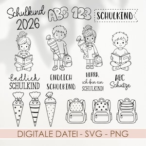 Peut inclure: Une collection d'illustrations en noir et blanc au trait représentant des enfants avec des cônes d'école et des sacs à dos, des livres, et le texte Schulkind 2026, ABC 123, Endlich SCHULKIND, HURRA, ich bin ein SCHULKIND, ABC Schutze, et DIGITALE DATEI - SVG - PNG.