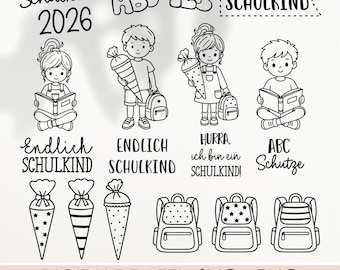 Schulkind Figuren SVG PNG Bundle, Junge & Mädchen Plotterdatei, 18 Einschulung 2026 Set mit Kindern Schultüten und Schulranzen